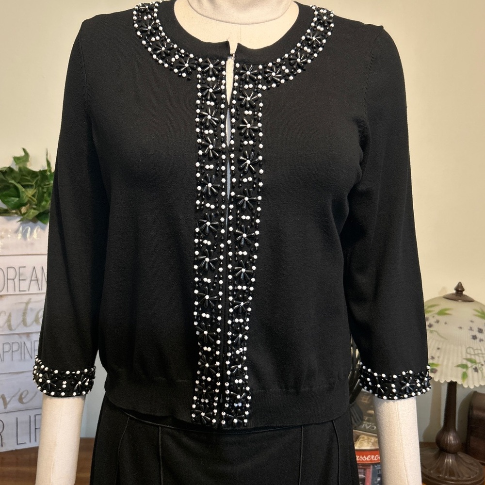 INC Black & White Floral Beaded 3/4 Sleeve Sweater Cardigan